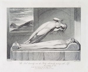 El alma sobrevolando el cuerpo que se separa de la vida a regañadientes de William Blake
